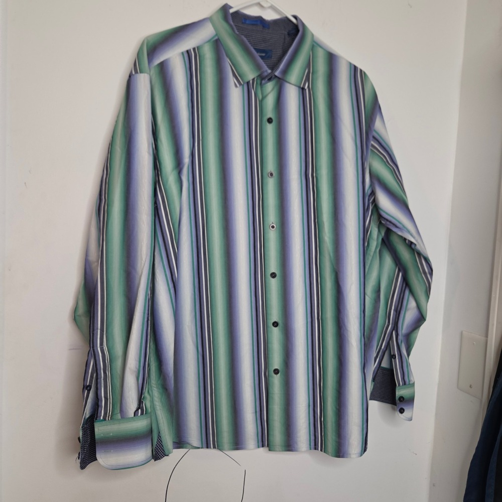 Tommy Bahama Mens XL Green Blue Striped Cotton Long Sleeve Button Down Shirt